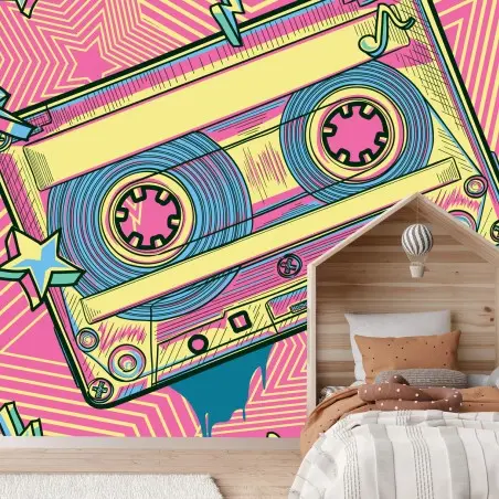 Papier peint cassette pop rétro néon – Wallnifity®