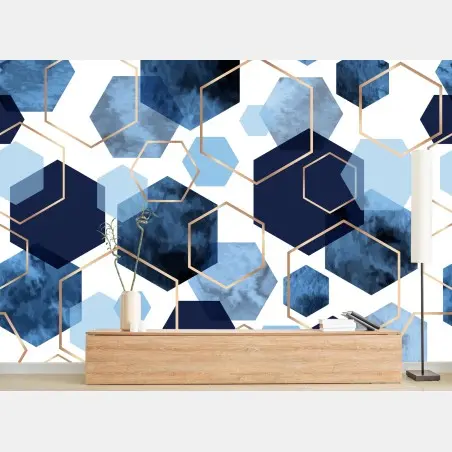 Papier peint motif hexagonal bleu et or à effet aquarelle – Wallnifity®