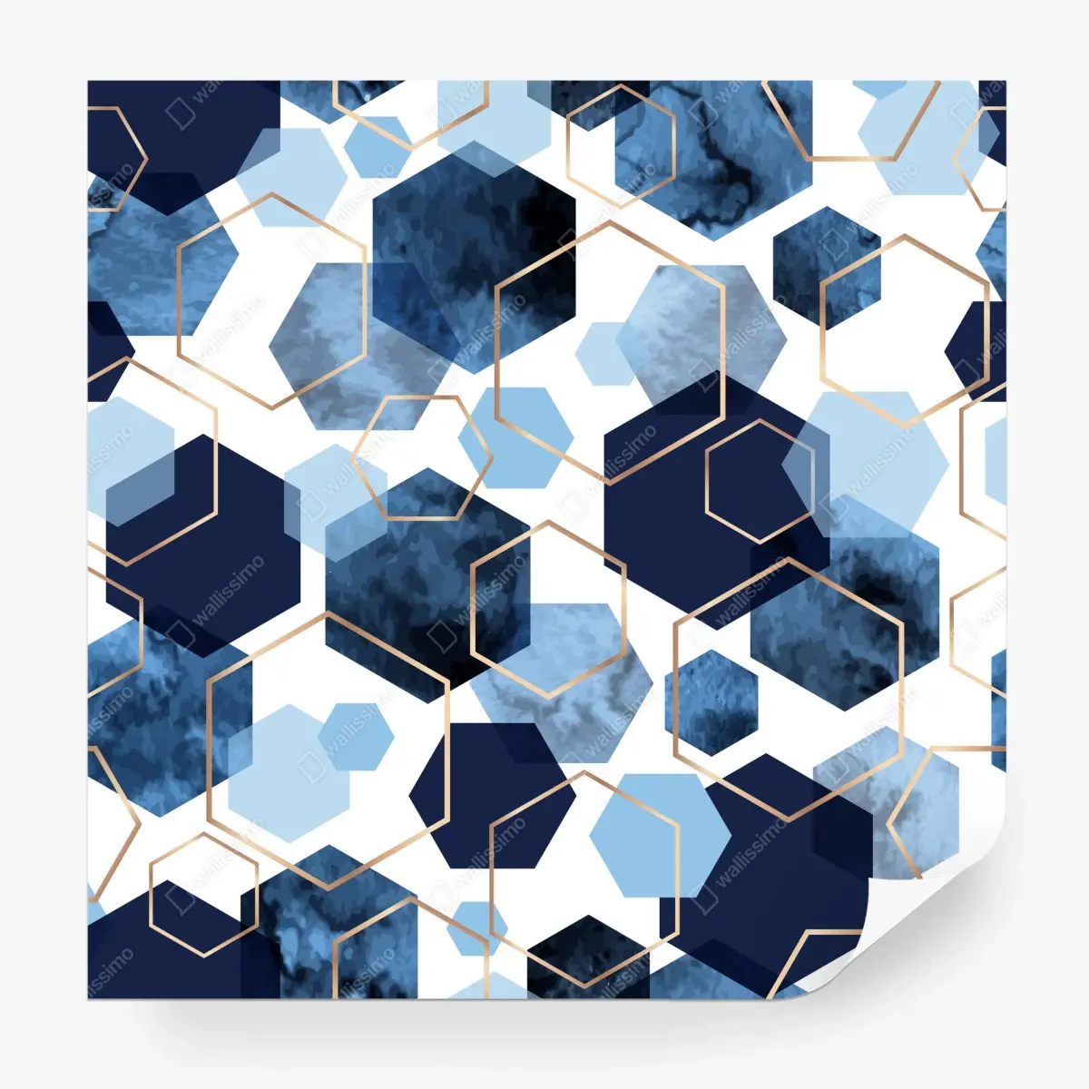 Papier peint motif hexagonal bleu et or à effet aquarelle – Wallnifity®