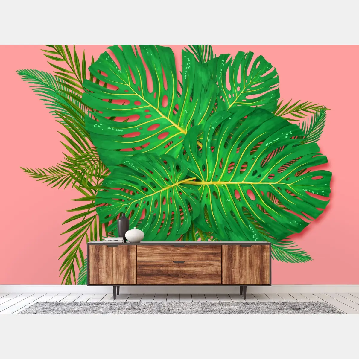 Papier peint feuillage tropical sur fond rose – Wallnifity®