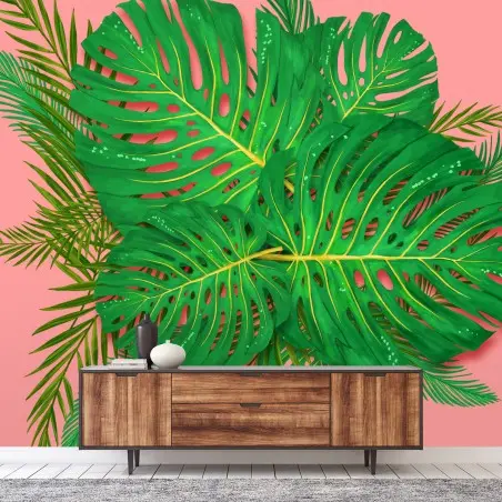 Papier peint feuillage tropical sur fond rose – Wallnifity®