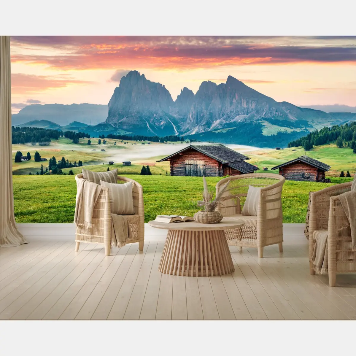Papier peint aurore sur les Dolomites : alpages de Seiser Alm – Wallnifity®