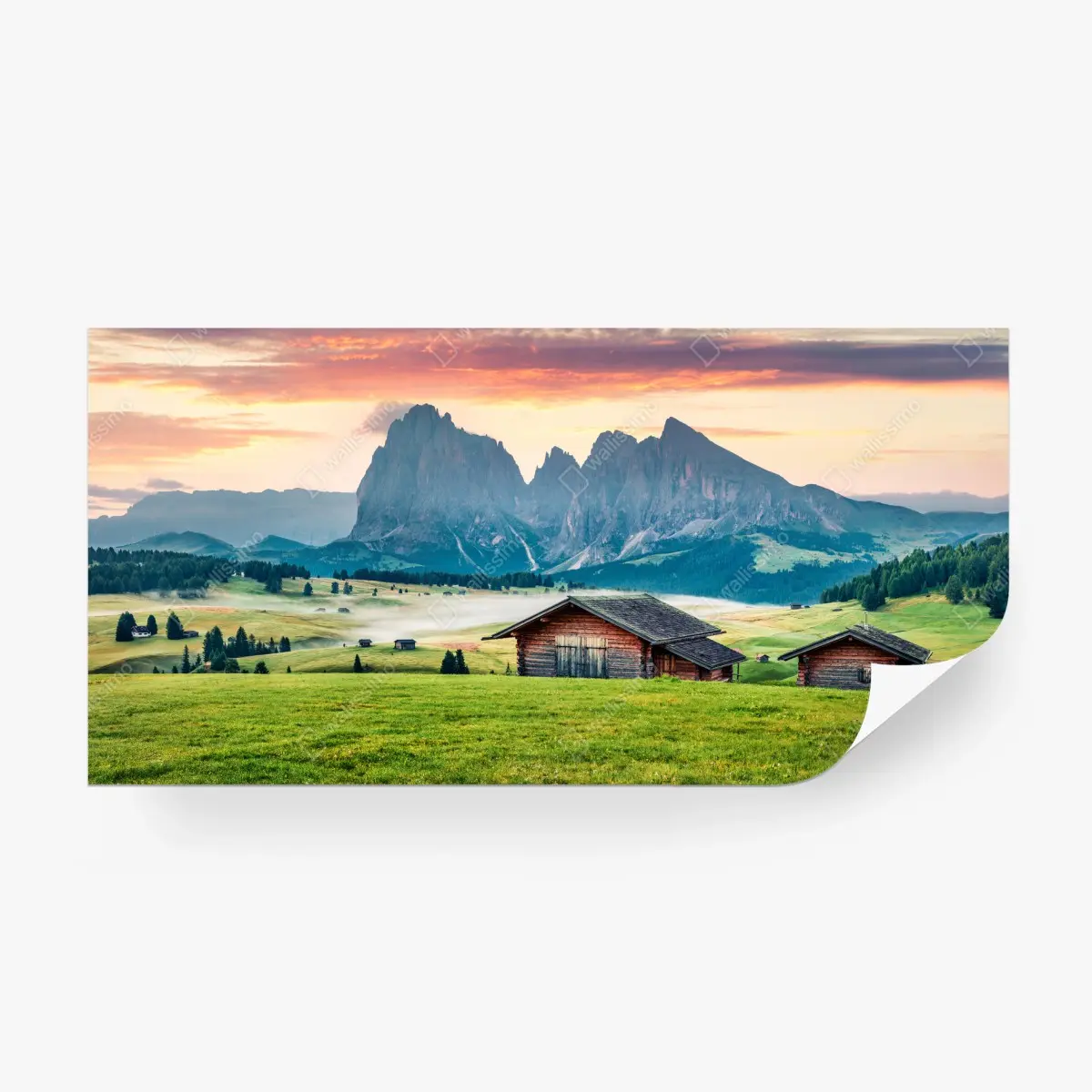 Papier peint aurore sur les Dolomites : alpages de Seiser Alm – Wallnifity®