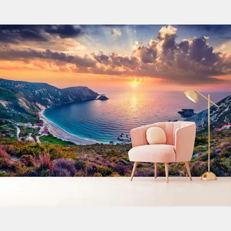 Papier peint coucher de soleil spectaculaire à Petani, Céphalonie – Wallnifity®