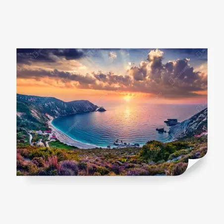 Papier peint coucher de soleil spectaculaire à Petani, Céphalonie – Wallnifity®