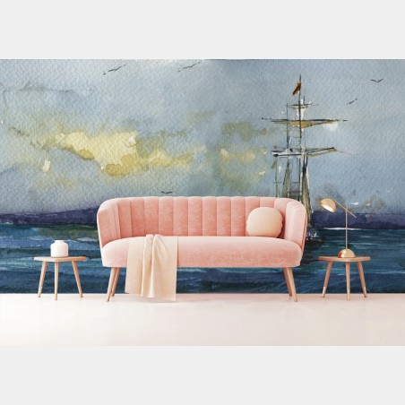 Papier peint voilier solitaire sous ciel doré – Wallnifity®