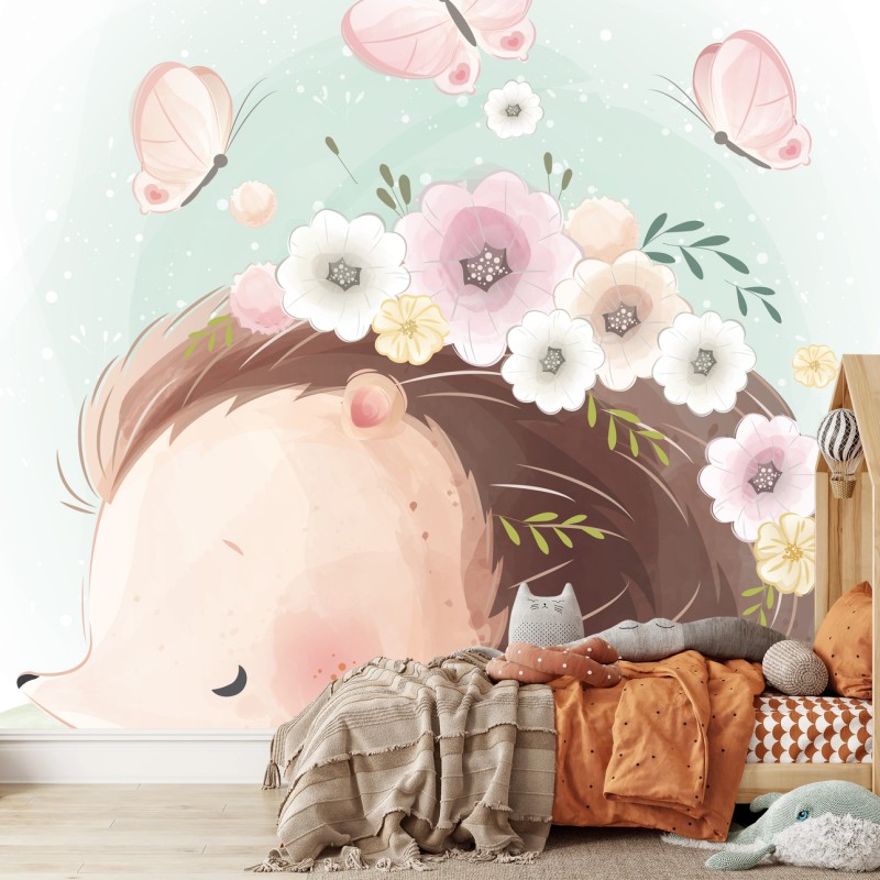 Papier peint hérisson endormi aux fleurs pastel – Wallnifity®