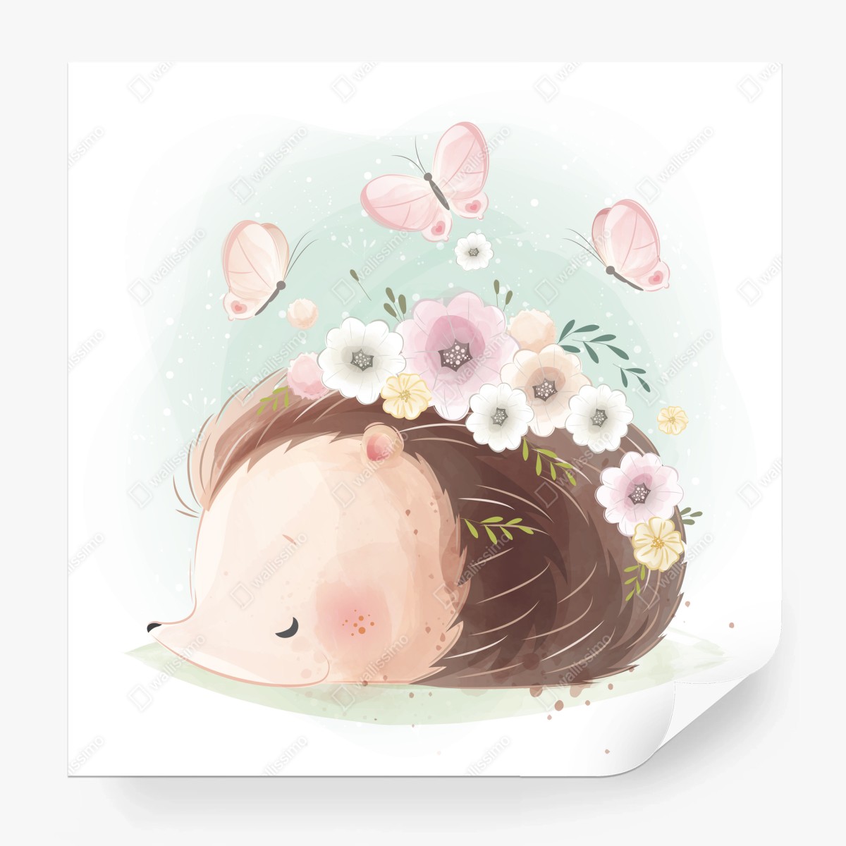 Papier peint hérisson endormi aux fleurs pastel – Wallnifity®
