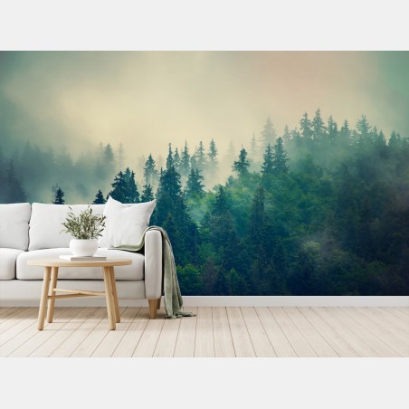 Papier peint forêt brumeuse et pins majestueux – Wallnifity®