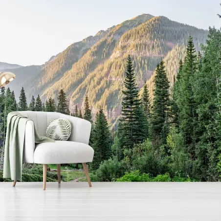 Papier peint forêt alpine baignée de lumière dorée – Wallnifity®