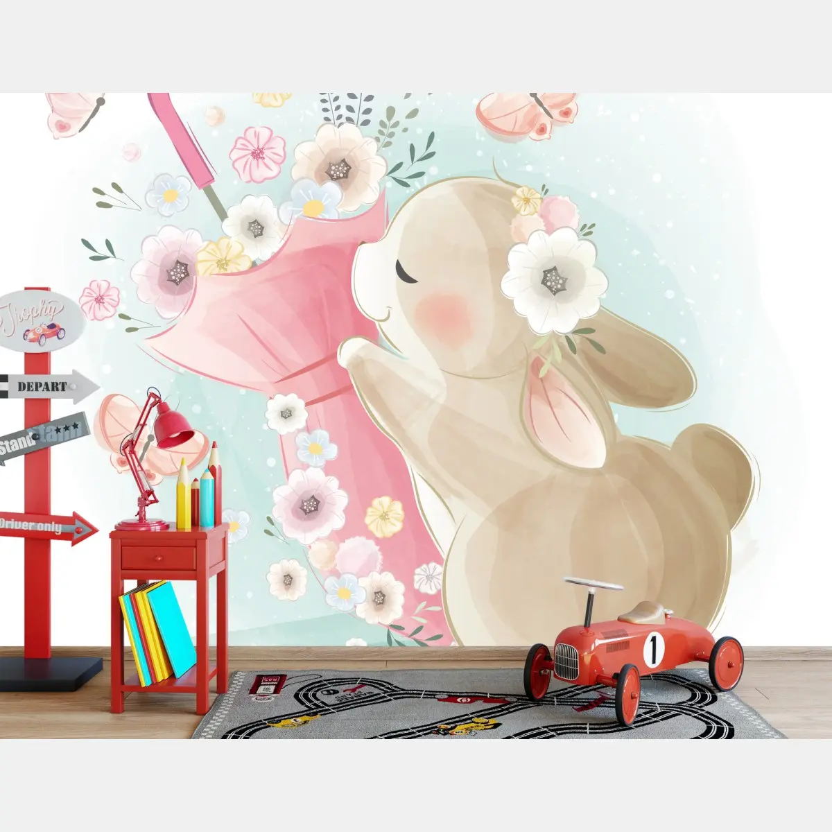 Papier peint adorable lapin au parapluie fleuri – Wallnifity®