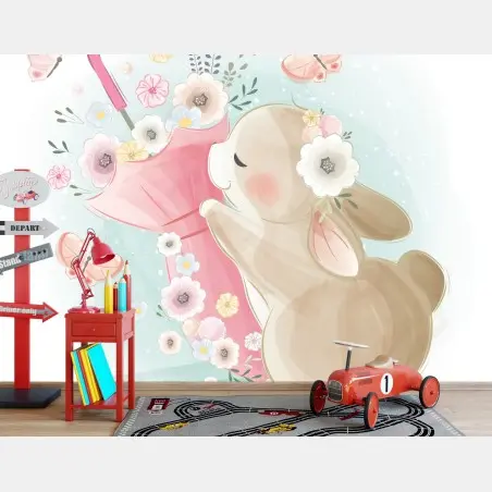 Papier peint adorable lapin au parapluie fleuri – Wallnifity®