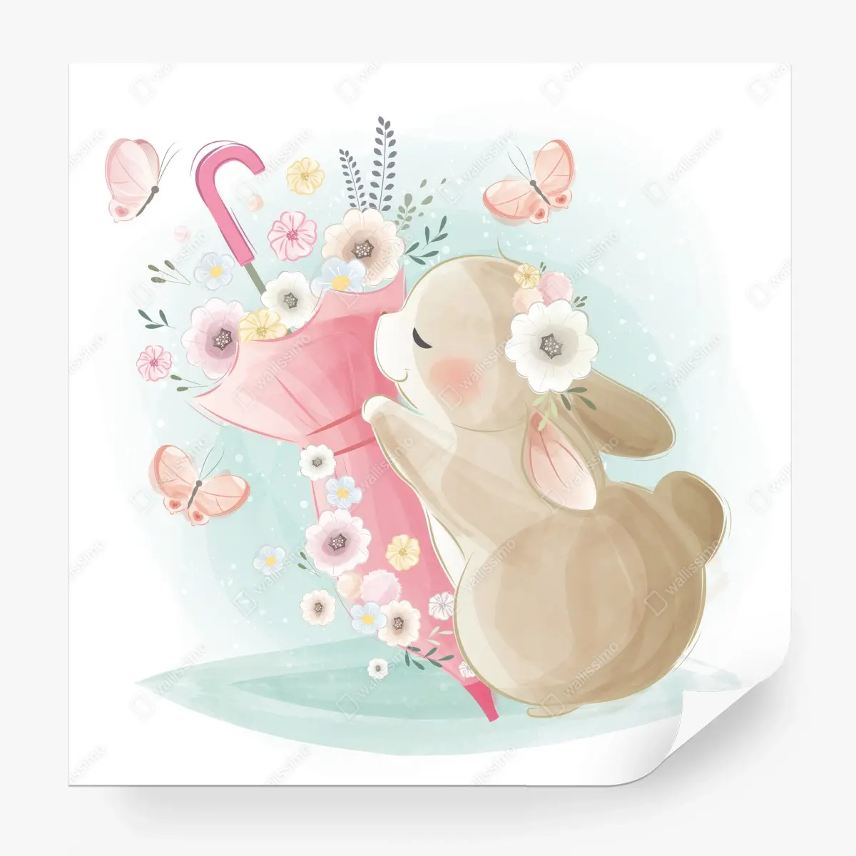 Papier peint adorable lapin au parapluie fleuri – Wallnifity®