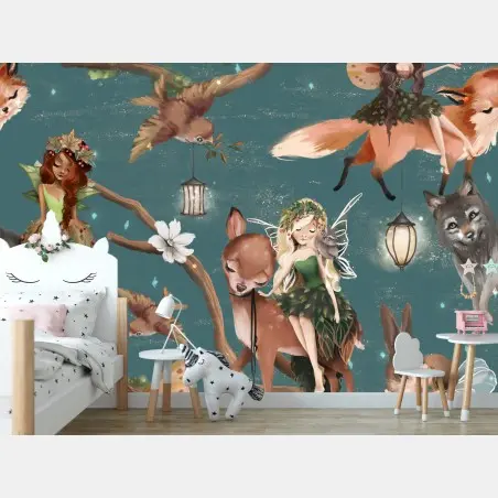 Papier peint scène féerique de forêt avec fées et animaux – Wallnifity®