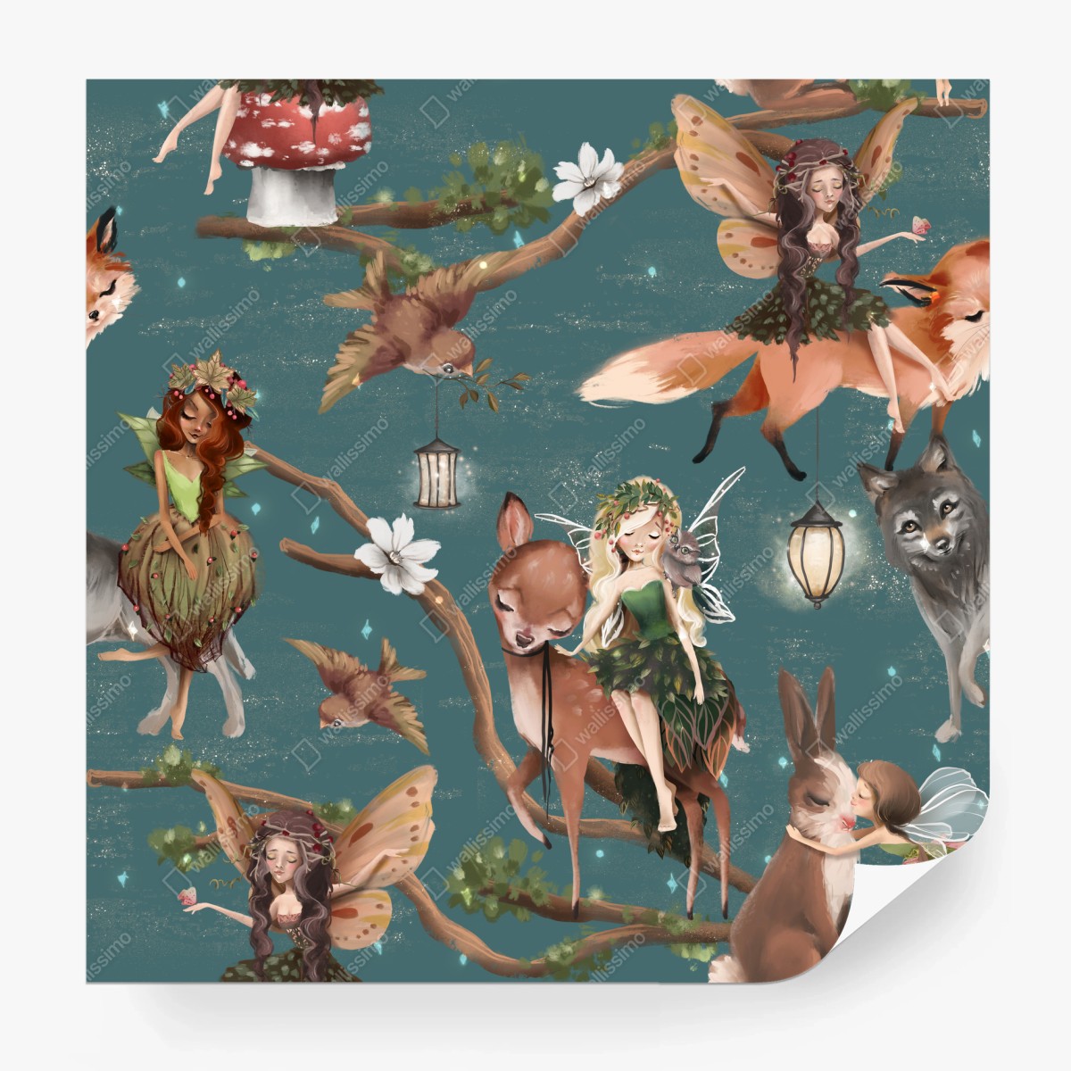 Papier peint scène féerique de forêt avec fées et animaux – Wallnifity®