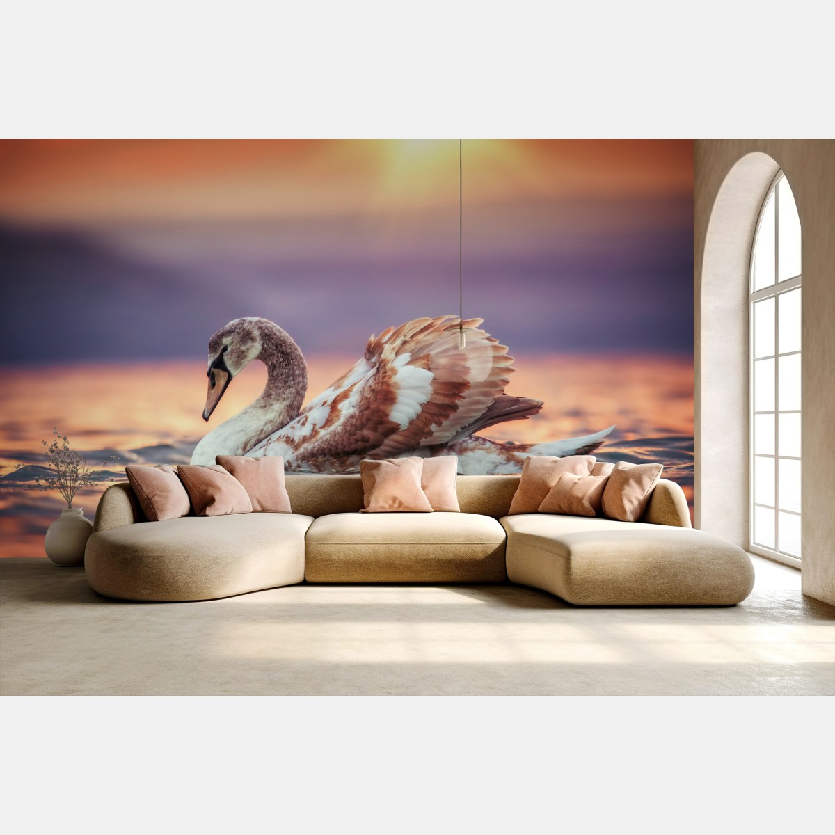 Papier peint cygne au coucher de soleil doré – Wallnifity®