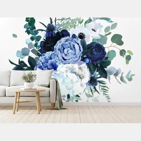 Papier peint bouquet bleu et blanc en aquarelle – Wallnifity®