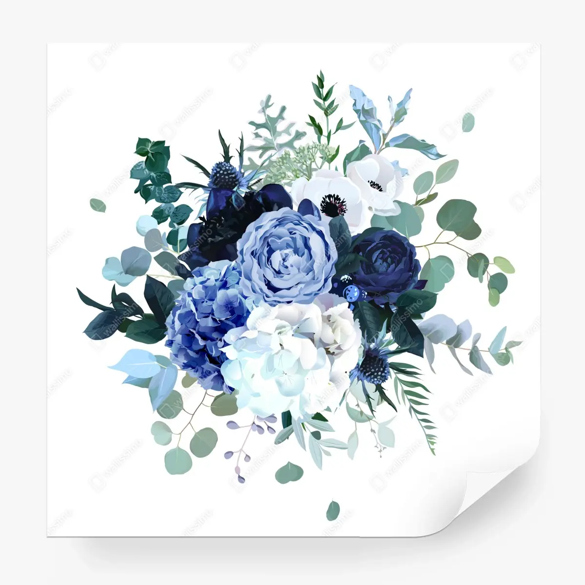 Papier peint bouquet bleu et blanc en aquarelle – Wallnifity®
