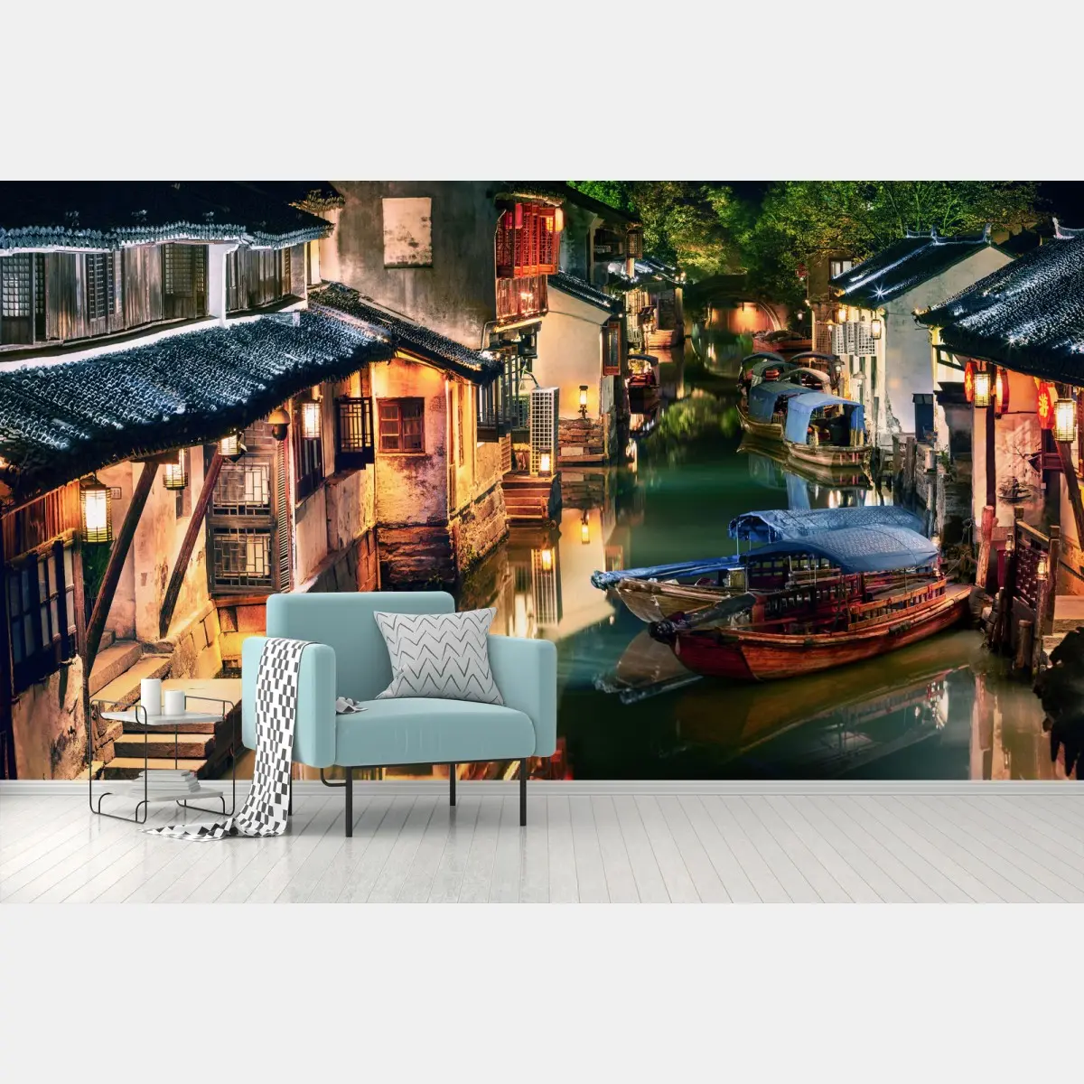 Papier peint canal nocturne aux lanternes – Wallnifity®