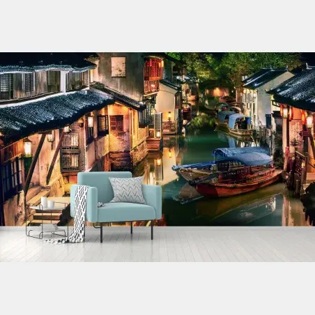 Papier peint canal nocturne aux lanternes – Wallnifity®