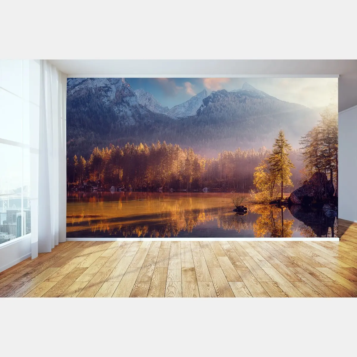 Papier peint matin doré au bord du lac alpin – Wallnifity®