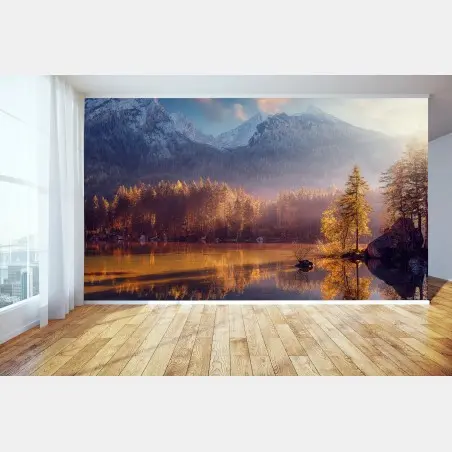 Papier peint matin doré au bord du lac alpin – Wallnifity®