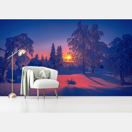 Papier peint coucher de soleil hivernal sur paysage enneigé – Wallnifity®