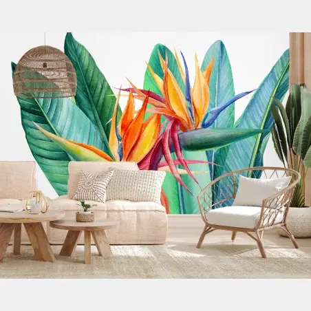 Papier peint composition tropicale d'oiseaux de paradis en aquarelle – Wallnifity®