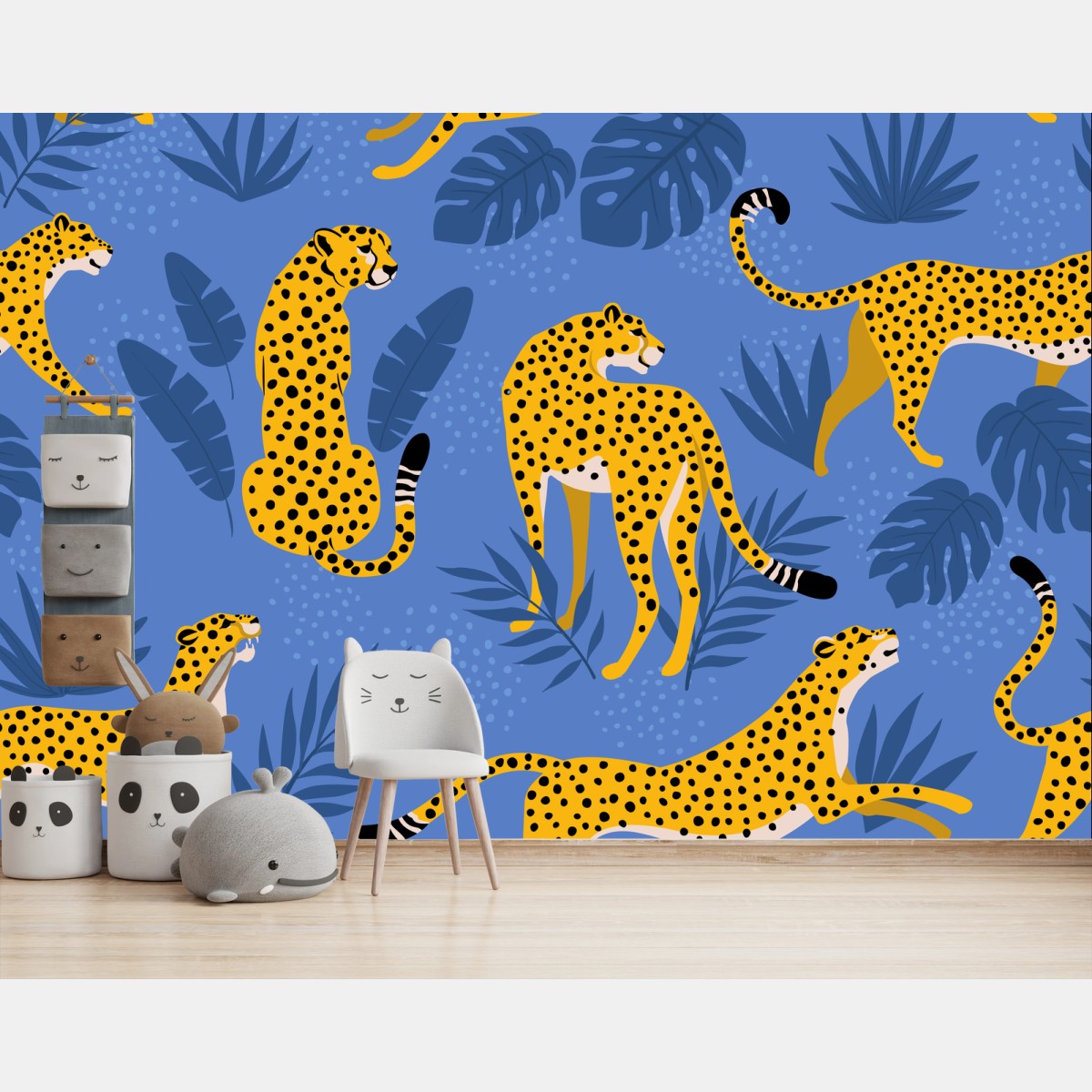 Papier peint guépards tropicaux sur fond bleu – Wallnifity®
