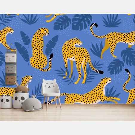 Papier peint guépards tropicaux sur fond bleu – Wallnifity®