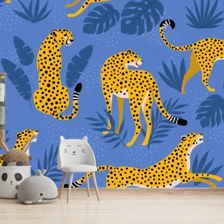 Papier peint guépards tropicaux sur fond bleu – Wallnifity®