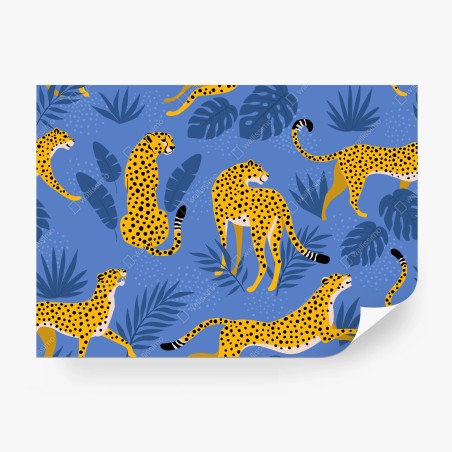 Papier peint guépards tropicaux sur fond bleu – Wallnifity®