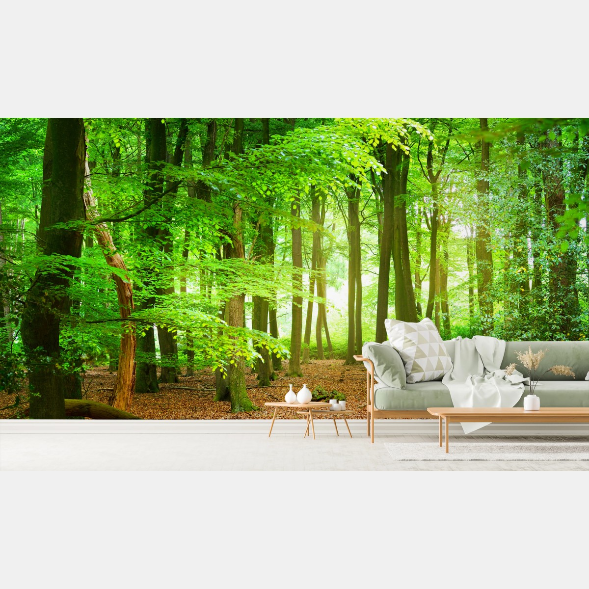 Papier peint forêt lumineuse aux feuillages verts – Wallnifity®