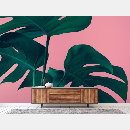 Papier peint motif monstera minimaliste sur fond rose – Wallnifity®
