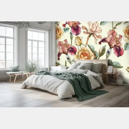 Papier peint motif floral bohème aux roses et iris – Wallnifity®