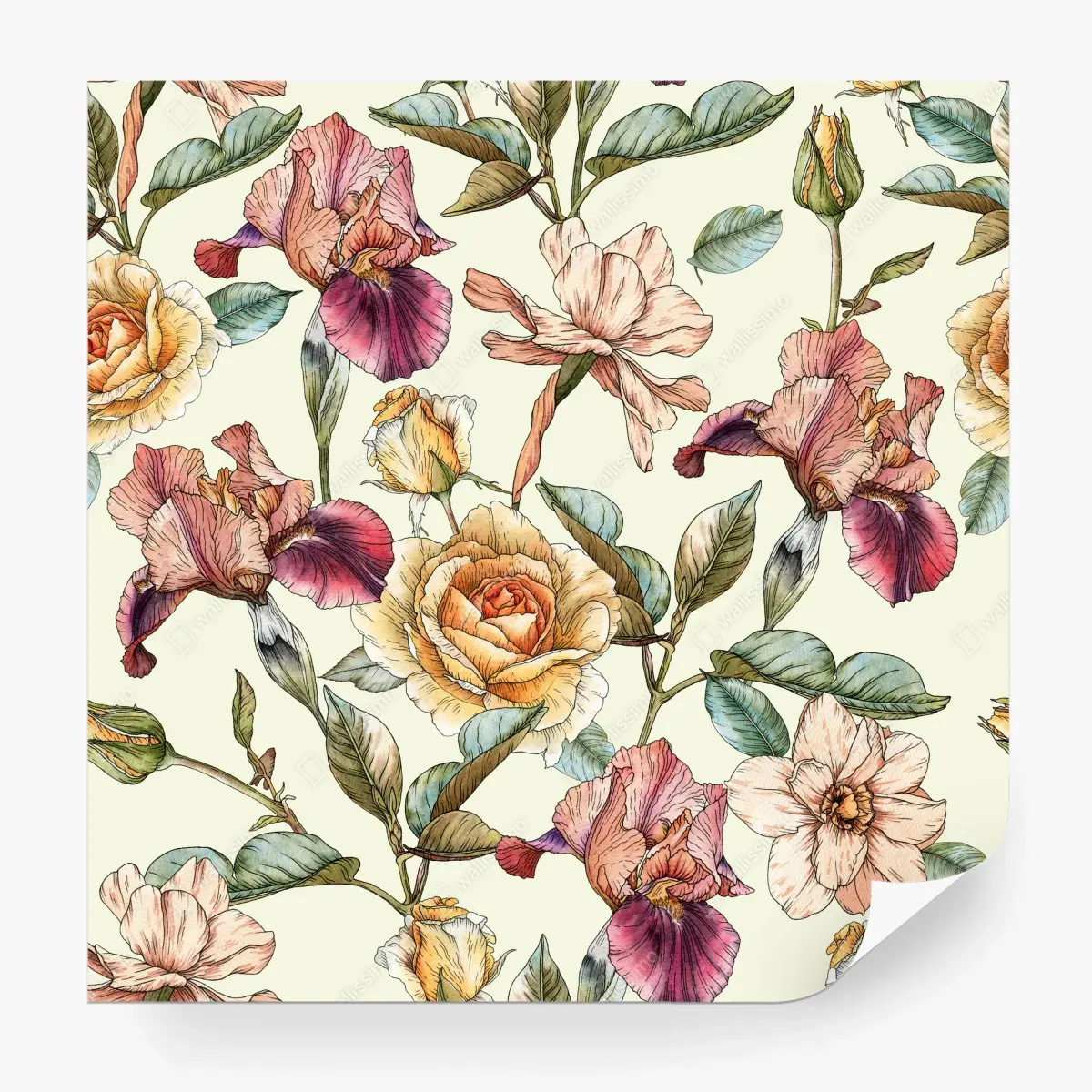 Papier peint motif floral bohème aux roses et iris – Wallnifity®