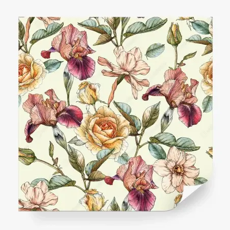 Papier peint motif floral bohème aux roses et iris – Wallnifity®