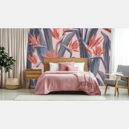 Papier peint motif strelitzia exotique aux tons rose et bleu-gris – Wallnifity®