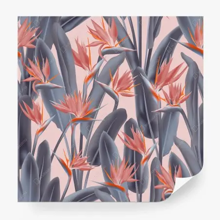 Papier peint motif strelitzia exotique aux tons rose et bleu-gris – Wallnifity®