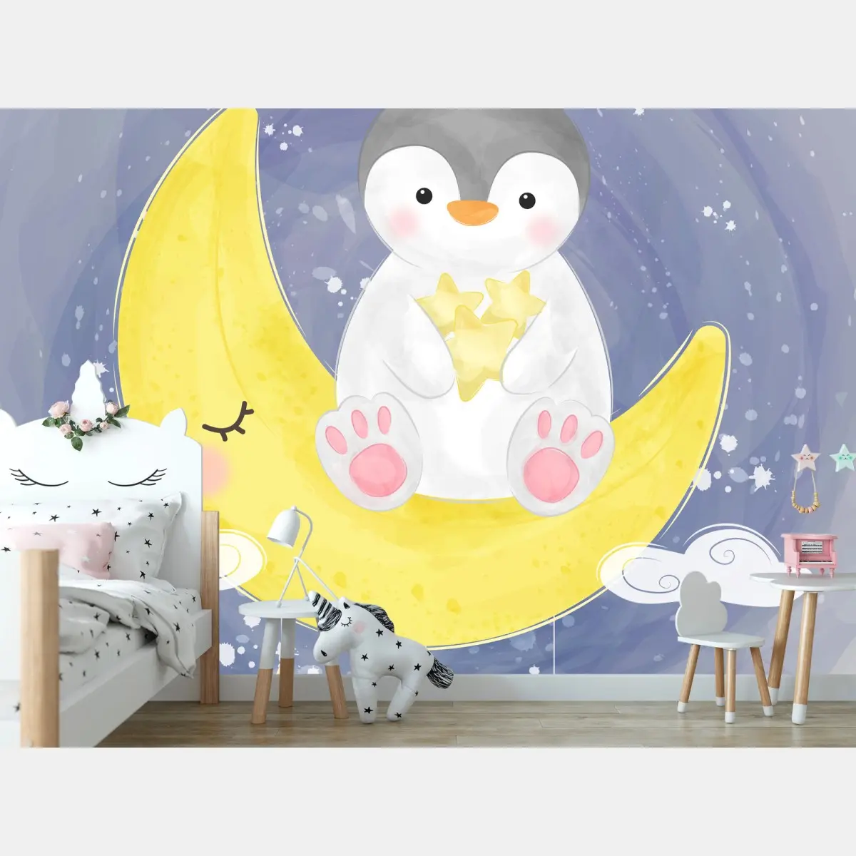 Papier peint manchot mignon sur la lune étoilée – Wallnifity®