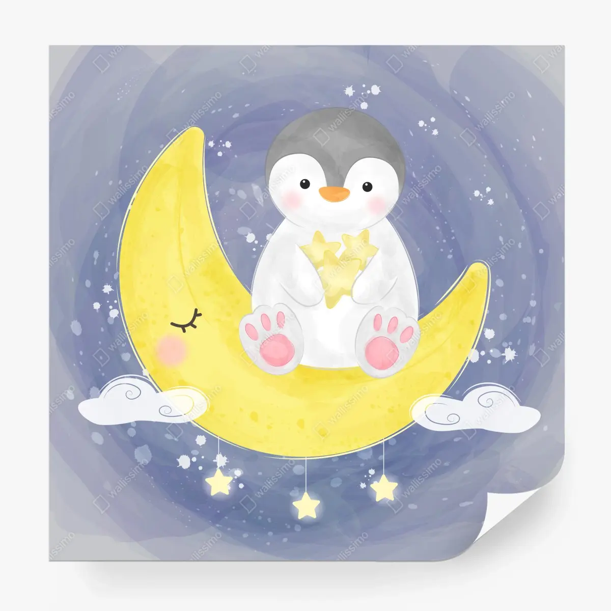 Papier peint manchot mignon sur la lune étoilée – Wallnifity®