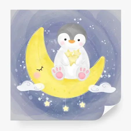 Papier peint manchot mignon sur la lune étoilée – Wallnifity®