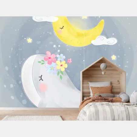 Papier peint baleine rêveuse sous la lune étoilée – Wallnifity®
