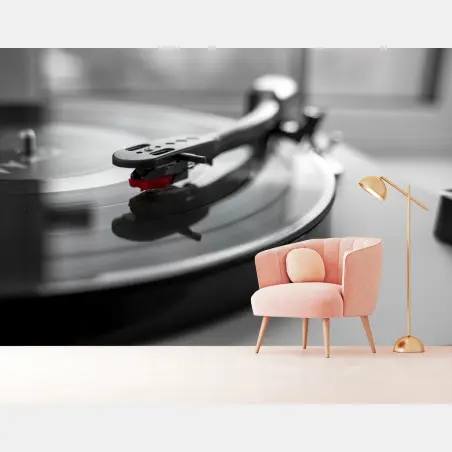 Papier peint détail d'une platine vinyle rétro en noir et blanc – Wallnifity®