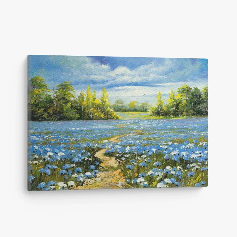 Tableau sur toile chemin dans un champ de bleuets en fleurs – Wallnifity®