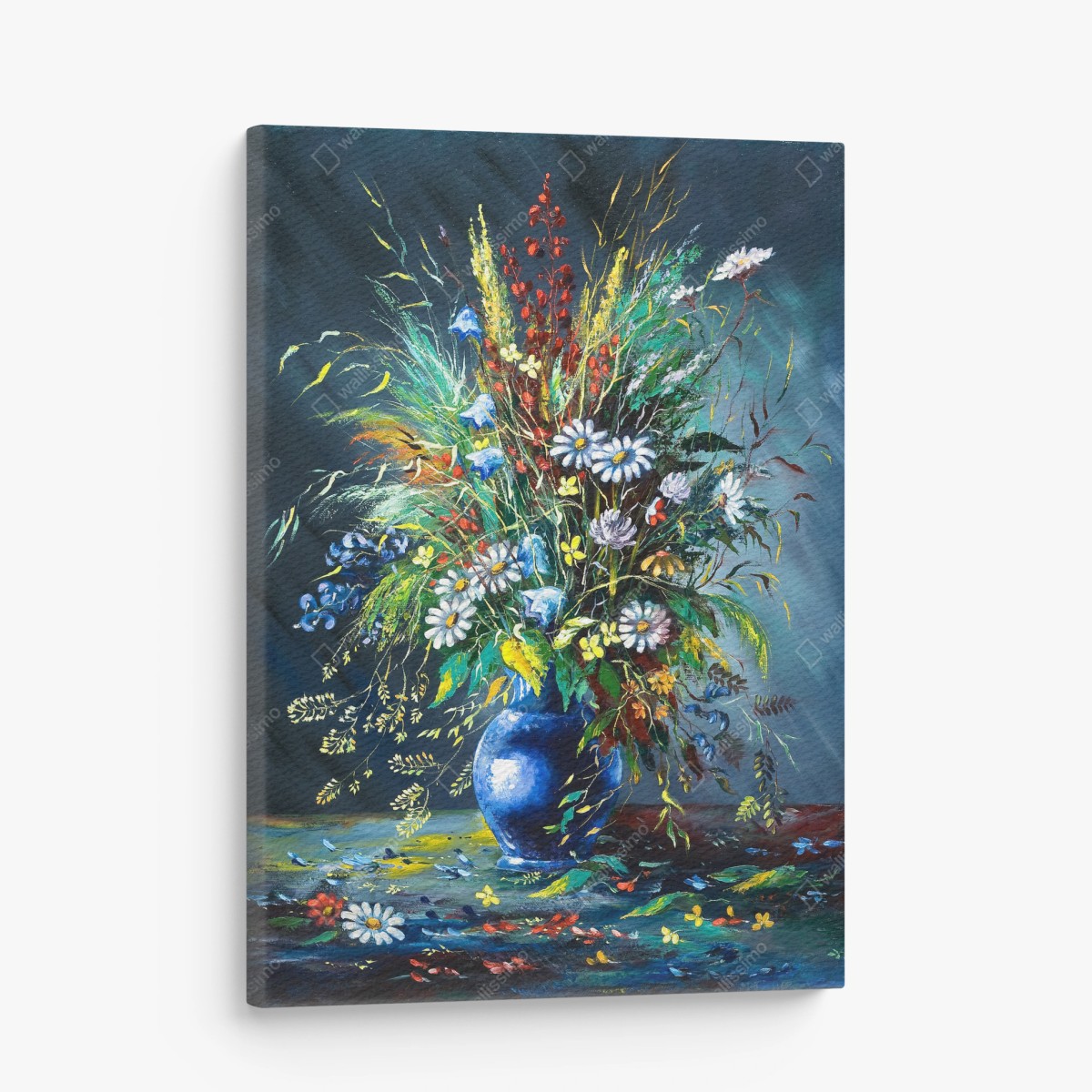 Tableau sur toile bouquet champêtre éclatant sur fond bleu – Wallnifity®