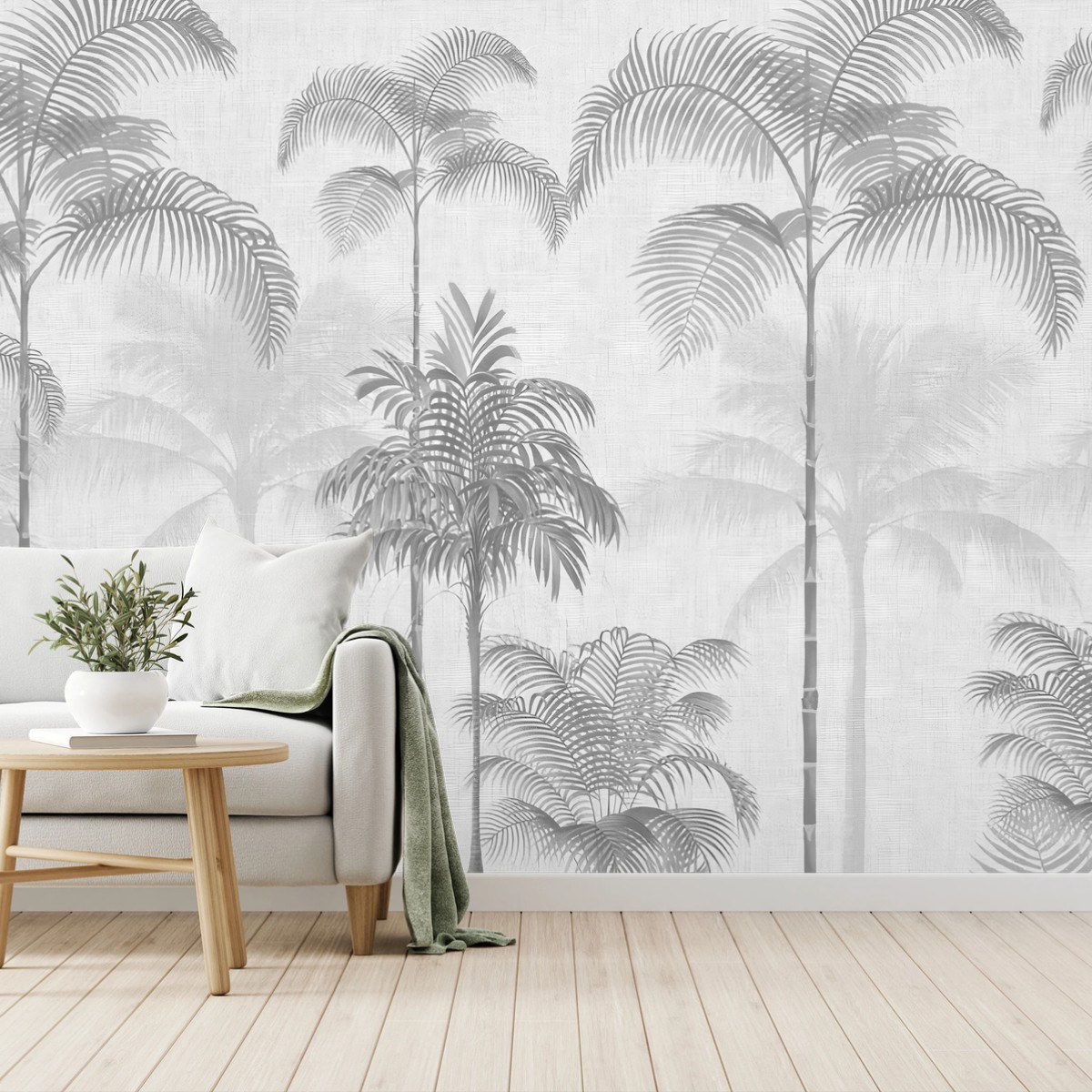 Papier peint PALMIER TROPICAL BOTANIQUE GRIS MODERNE POUR SALON – Wallnifity®