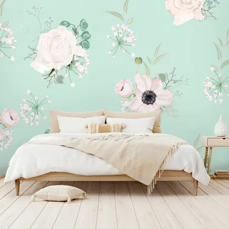 Papier peint PASTEL FLEURS MENTHE ROSES BOTANIQUE POUR CHAMBRE – Wallnifity®