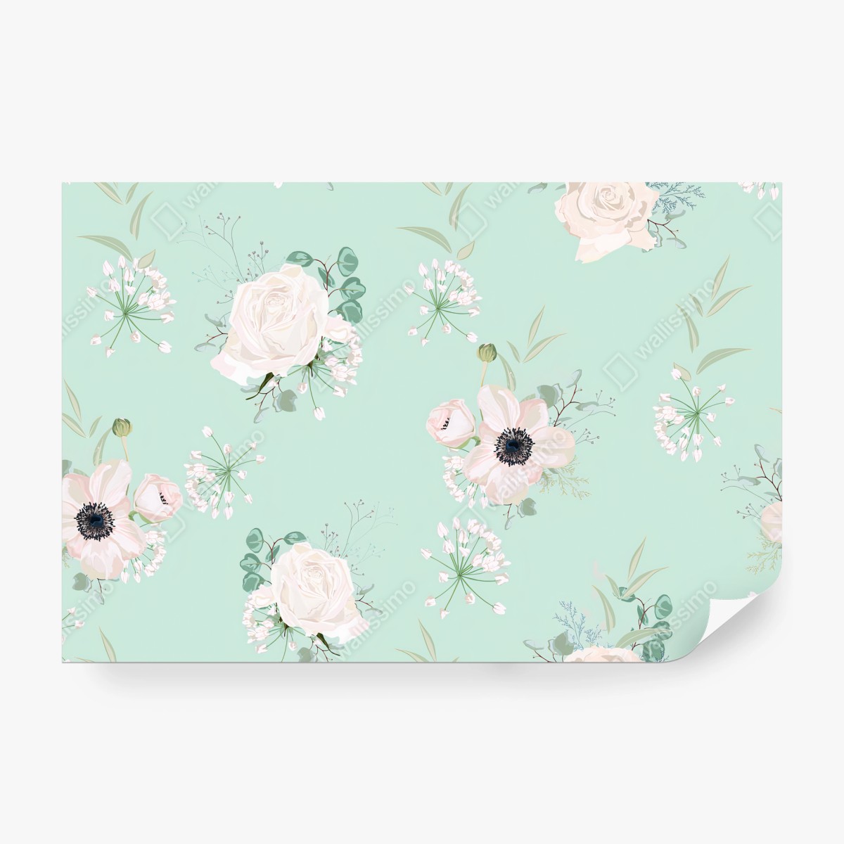Papier peint PASTEL FLEURS MENTHE ROSES BOTANIQUE POUR CHAMBRE – Wallnifity®