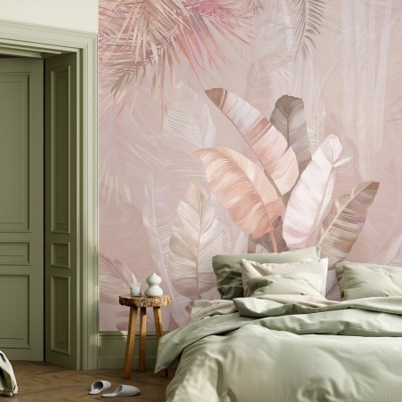 Papier peint ROSE BOTANIQUE PASTEL FEUILLES DOUCES POUR CHAMBRE – Wallnifity®
